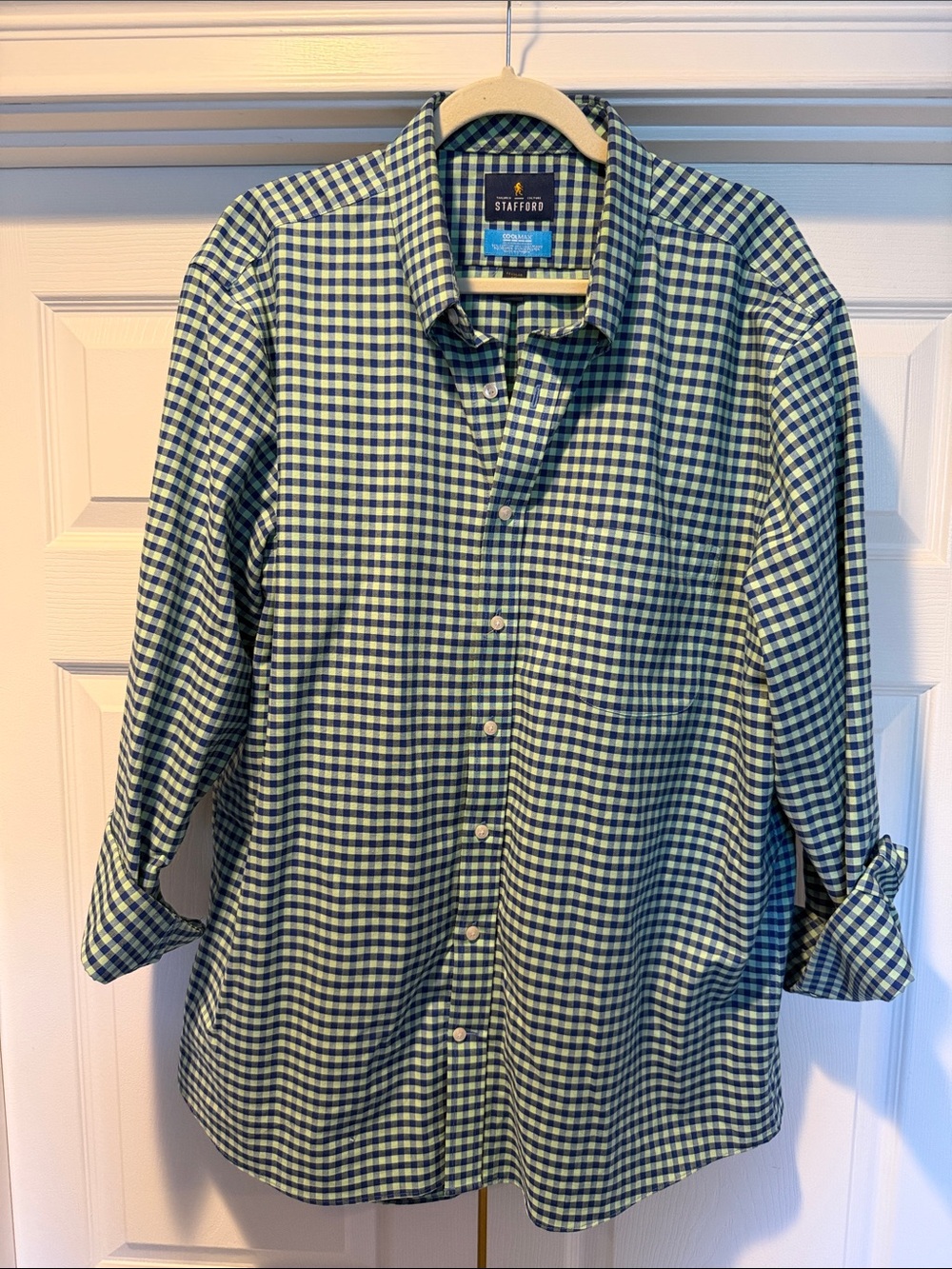 Stafford Blue and Green Gingham Button-Up Shirt